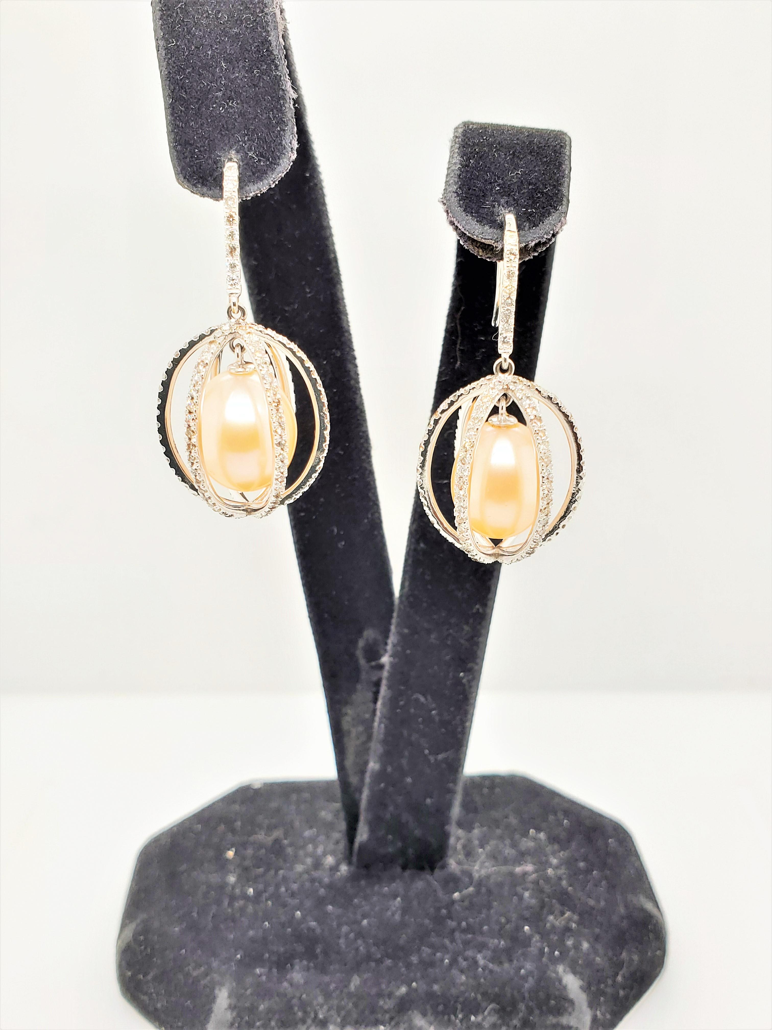 Contemporary Golden Pearls and Diamond White Gold Earrings For Sale