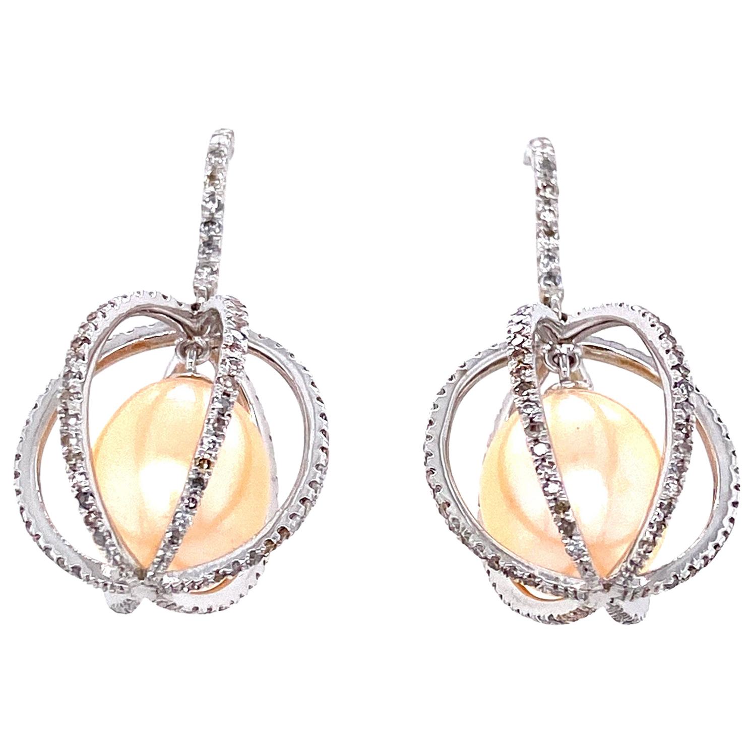 Golden Pearls and Diamond White Gold Earrings For Sale