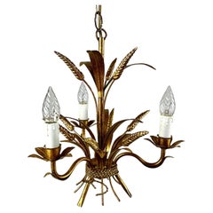 Golden Pendant Lamp Wheat Sheaf Italian 3 Gilt Branch Chandelier, Italy, 1960s
