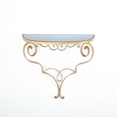 Golden Pier Luigi Colli Iron Console Table With Blue Glass, Italy, 1950