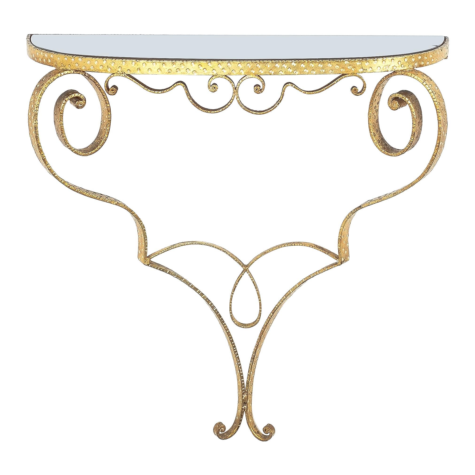 Golden Pier Luigi Colli Iron Console Table With Blue Glass, Italy, 1950