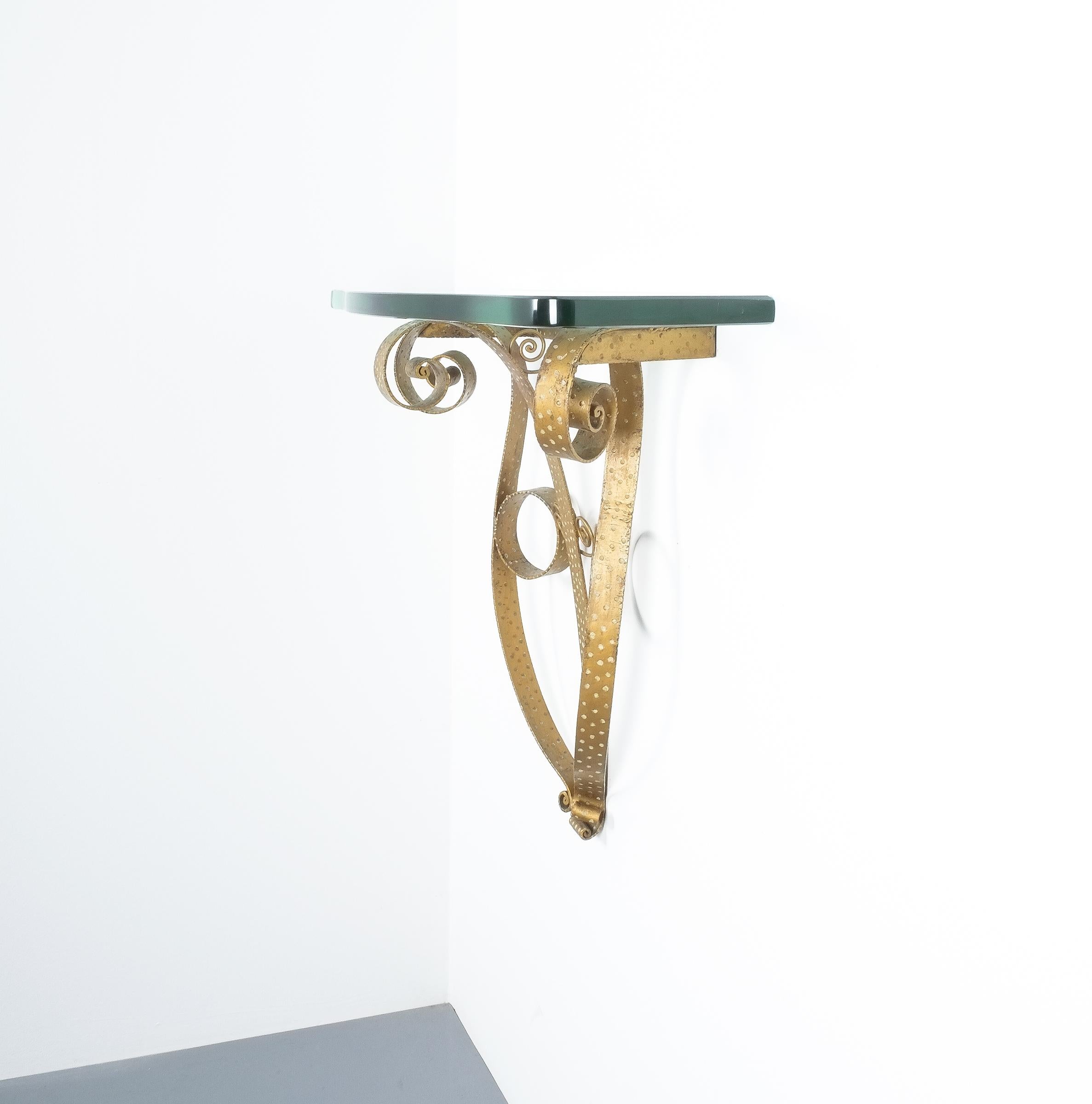 Mid-20th Century Golden Pier Luigi Colli Iron Console Table with Thick Glass Top, Italy, 1950