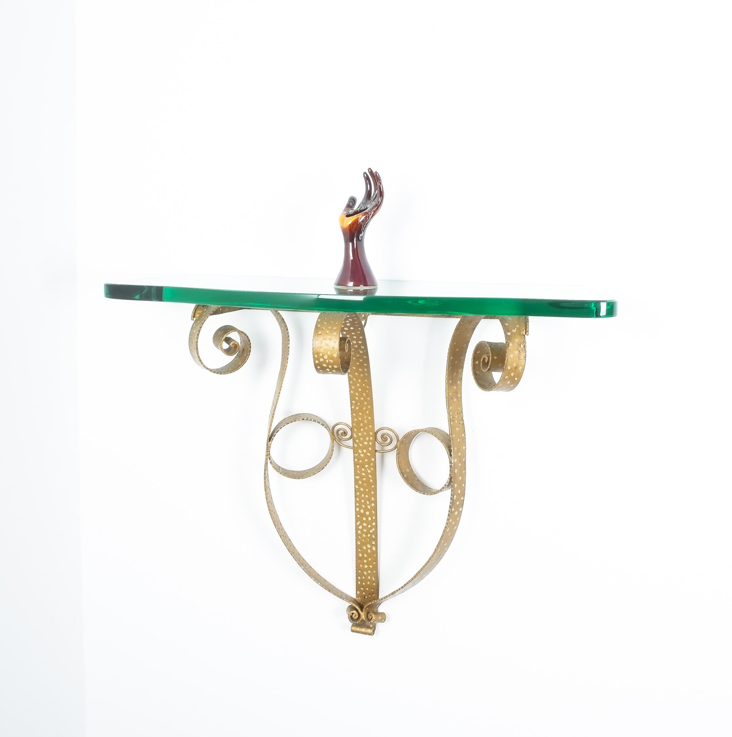Golden Pier Luigi Colli Iron Console Table with Thick Glass Top, Italy, 1950 1