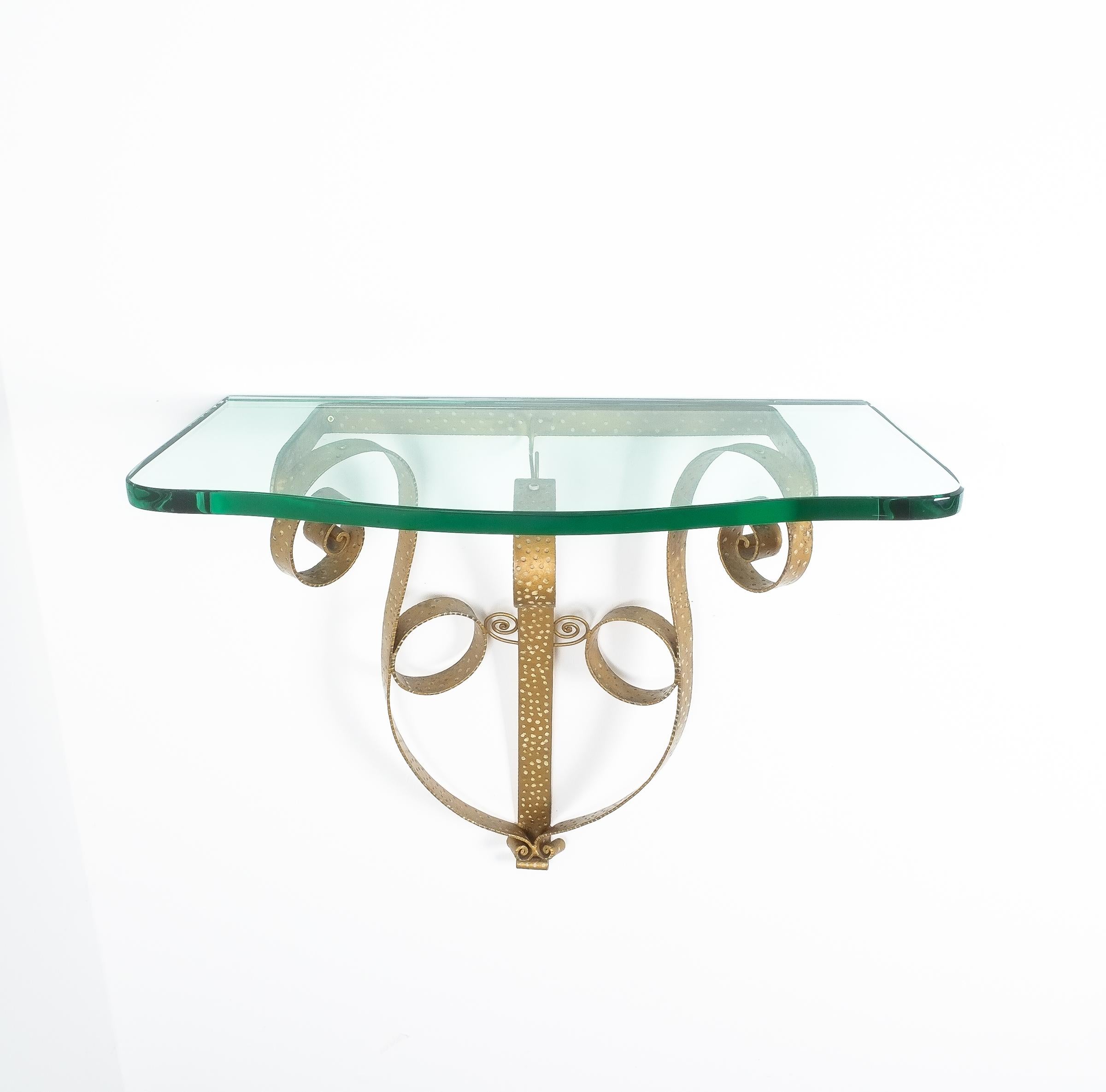 Italian Golden Pier Luigi Colli Iron Console Table with Thick Glass Top, Italy, 1950