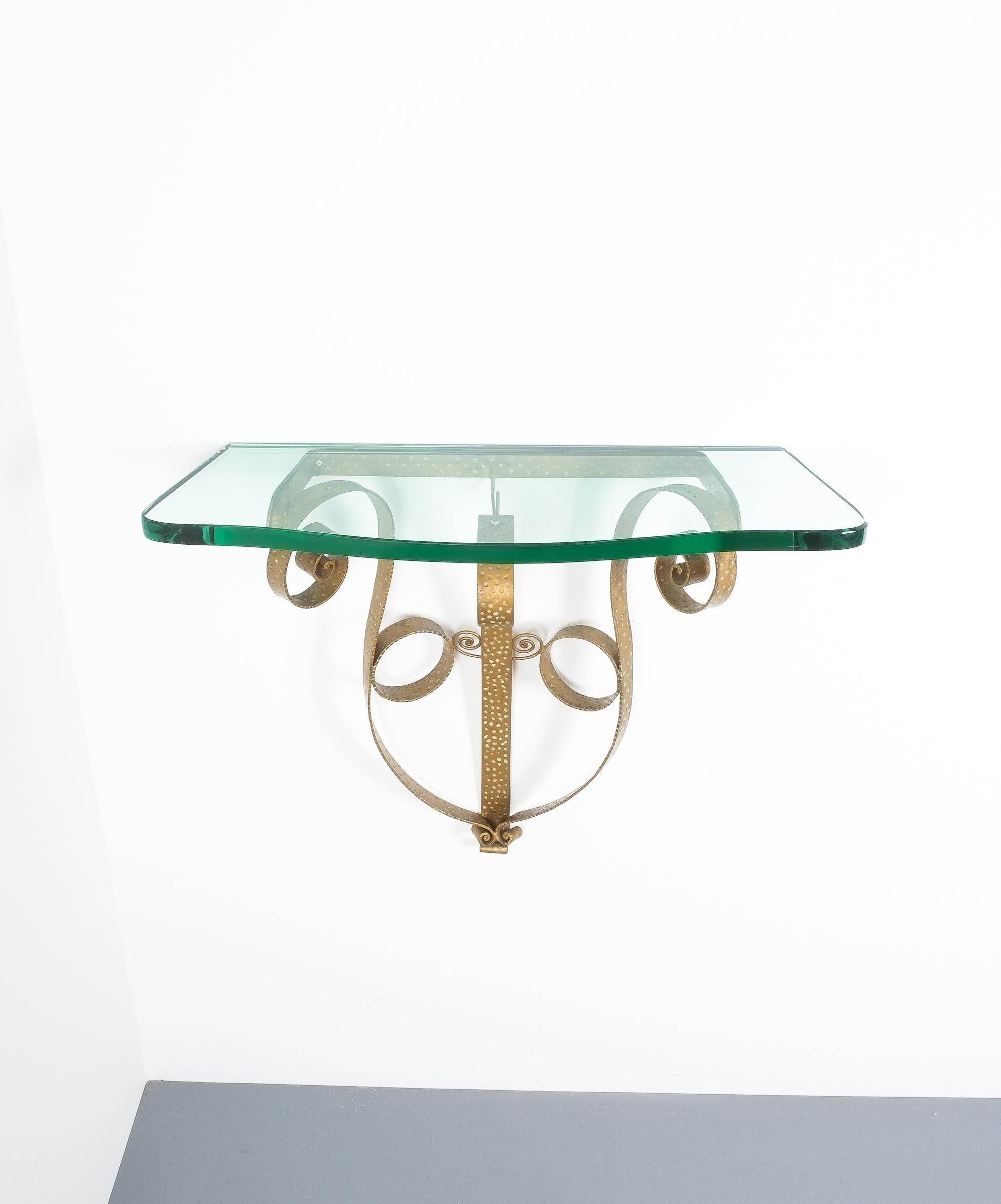 Gilt Golden Pier Luigi Colli Iron Console Table with Thick Glass Top, Italy, 1950