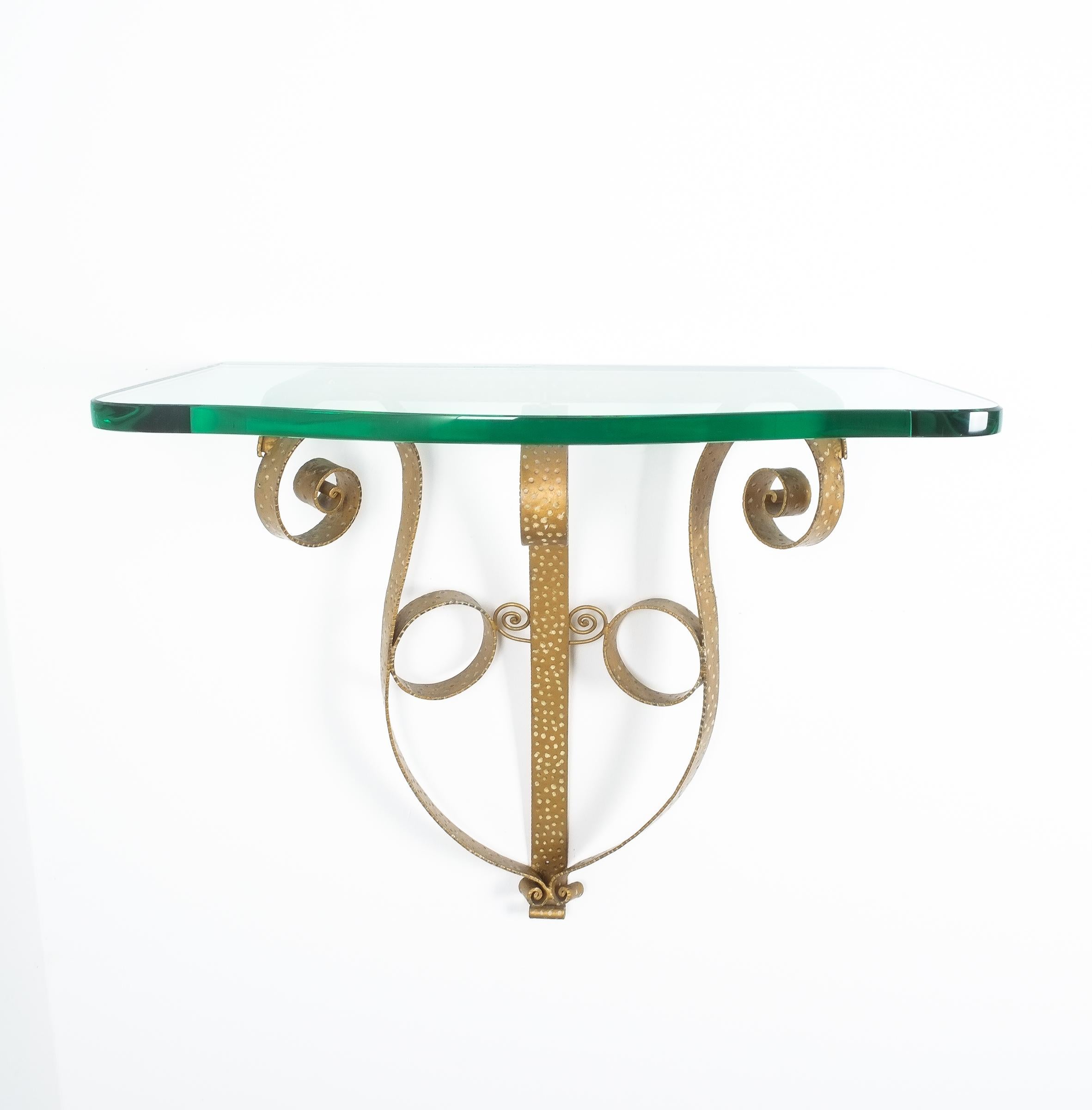 Golden Pier Luigi Colli Iron Console Table with Thick Glass Top, Italy, 1950 In Good Condition In Vienna, AT