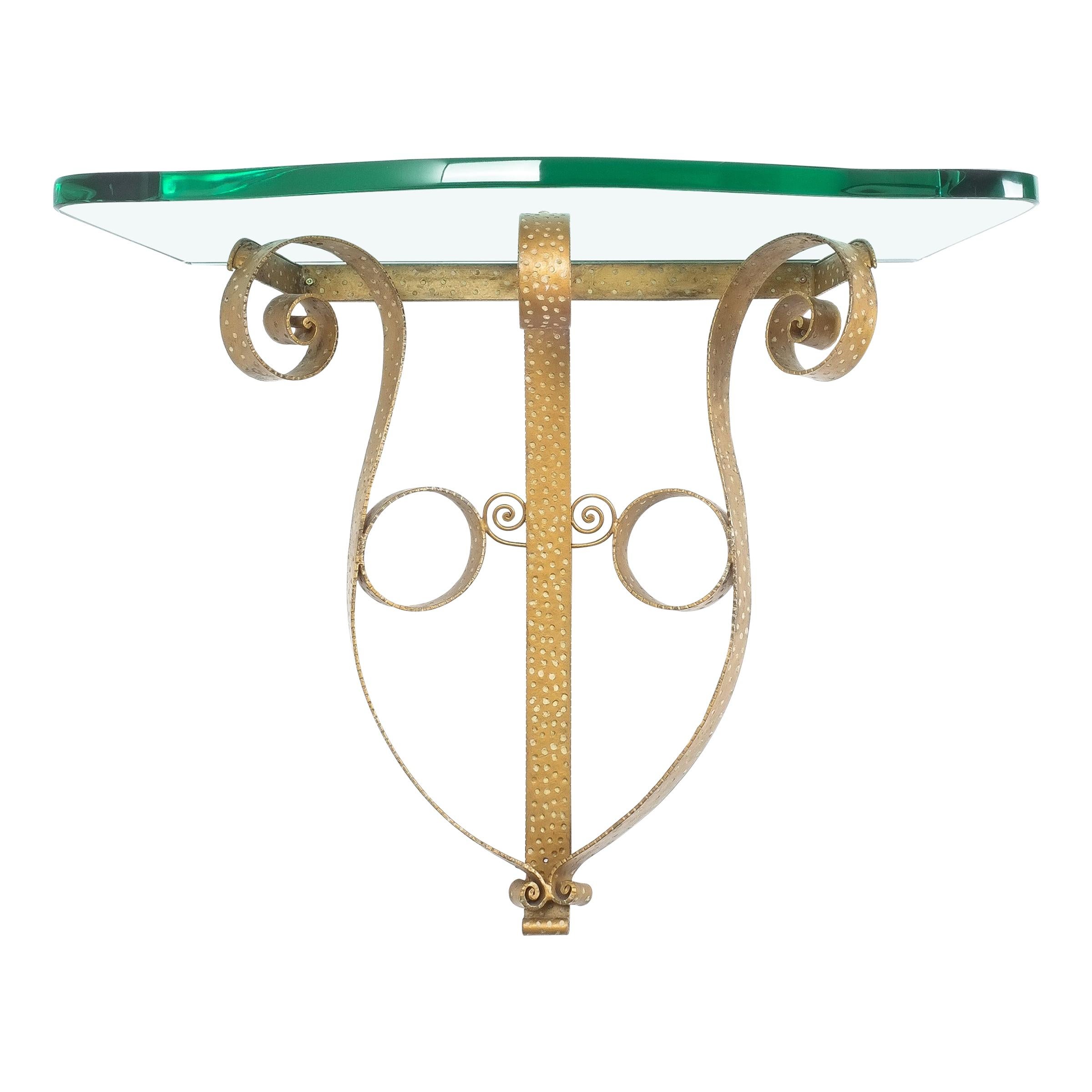Golden Pier Luigi Colli Iron Console Table with Thick Glass Top, Italy, 1950