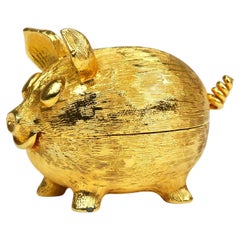 Golden Pig Shaped Salt Cellar Snuff or Pill Box With Curly Tail as Spoon, 1970s