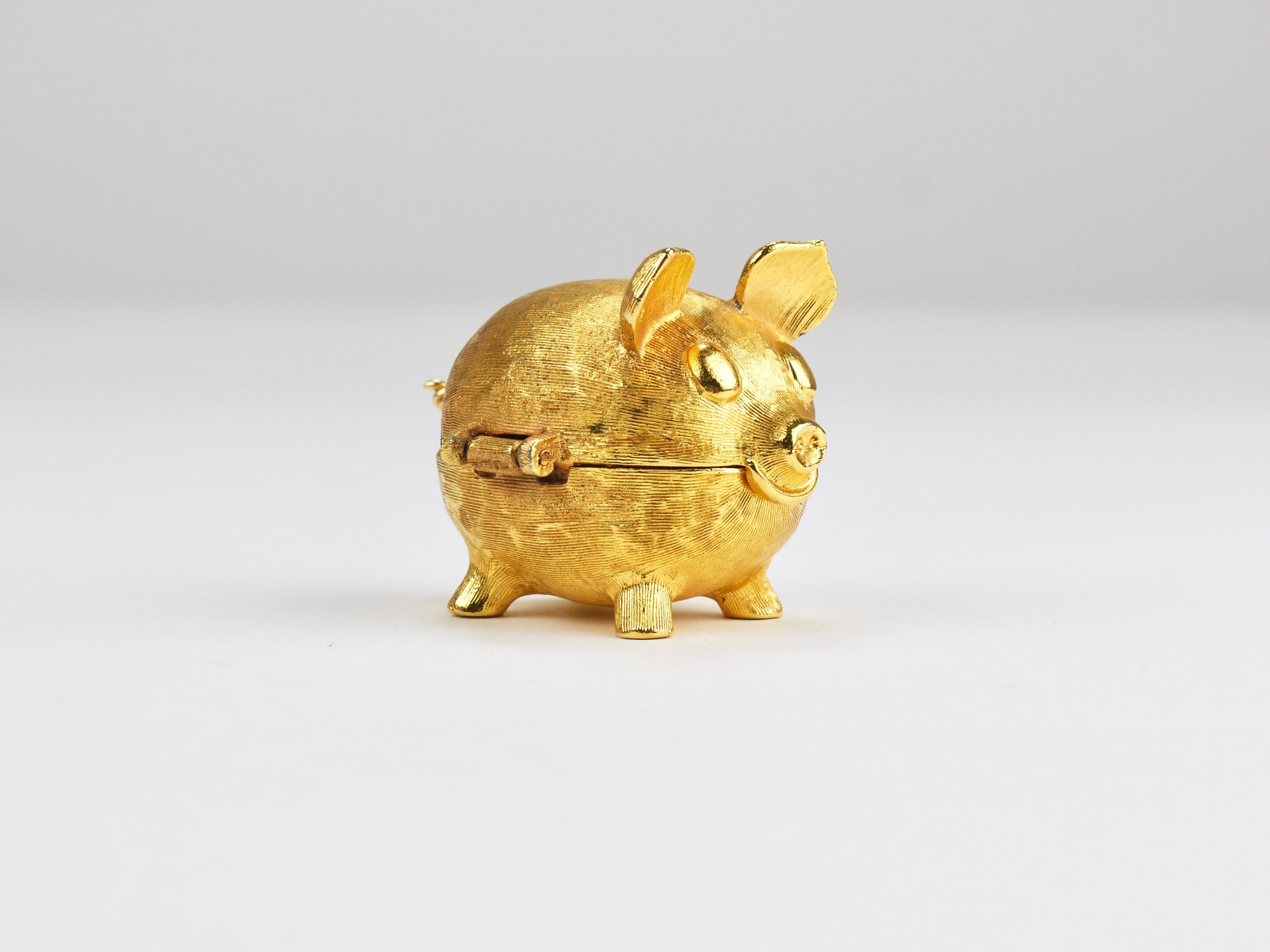 German Golden Pig Shaped Salt Cellar Snuff or Pill Box With Curly Tail as Spoon, 1970s For Sale
