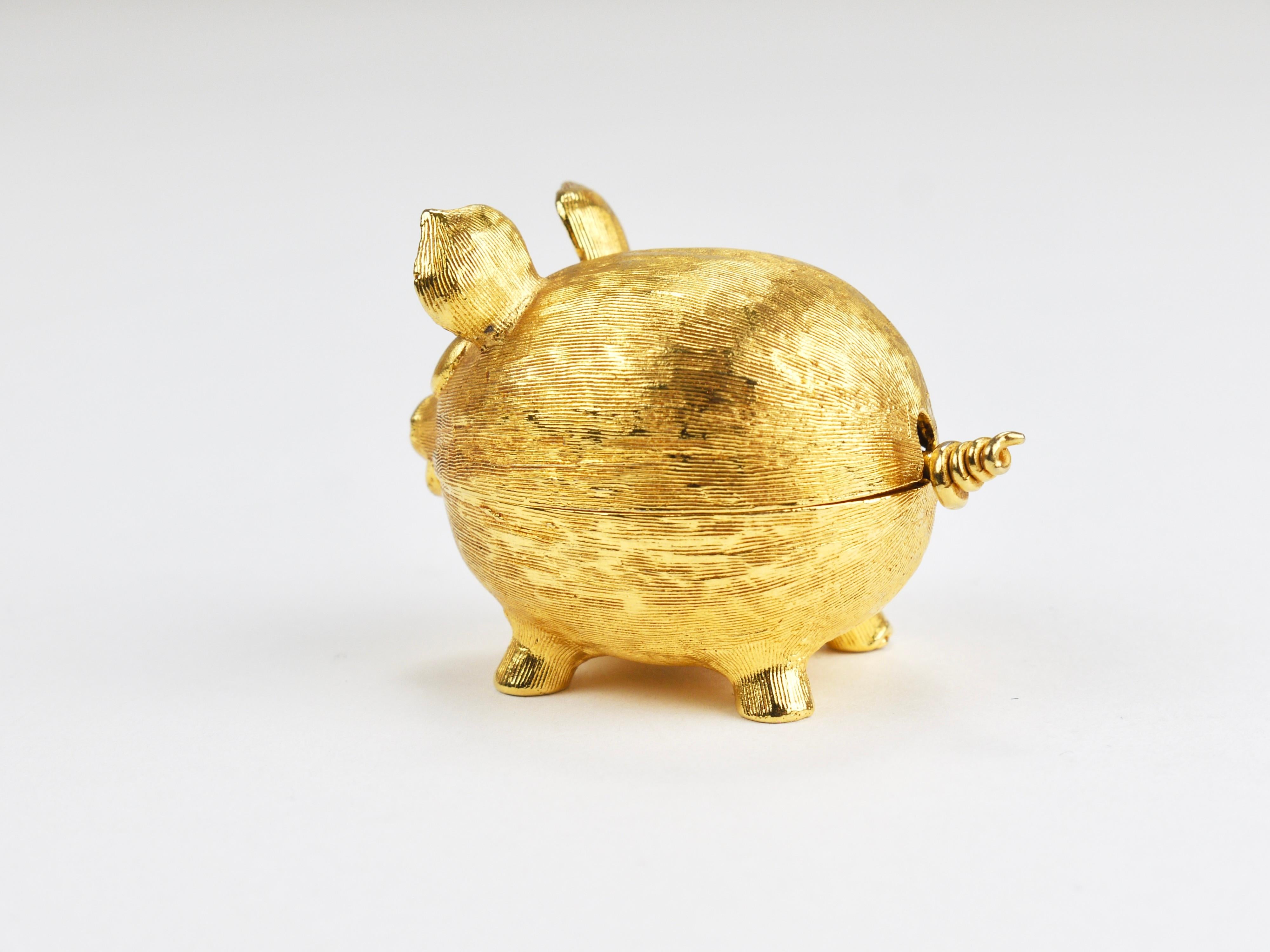 Gilt Golden Pig Shaped Salt Cellar Snuff or Pill Box With Curly Tail as Spoon, 1970s For Sale