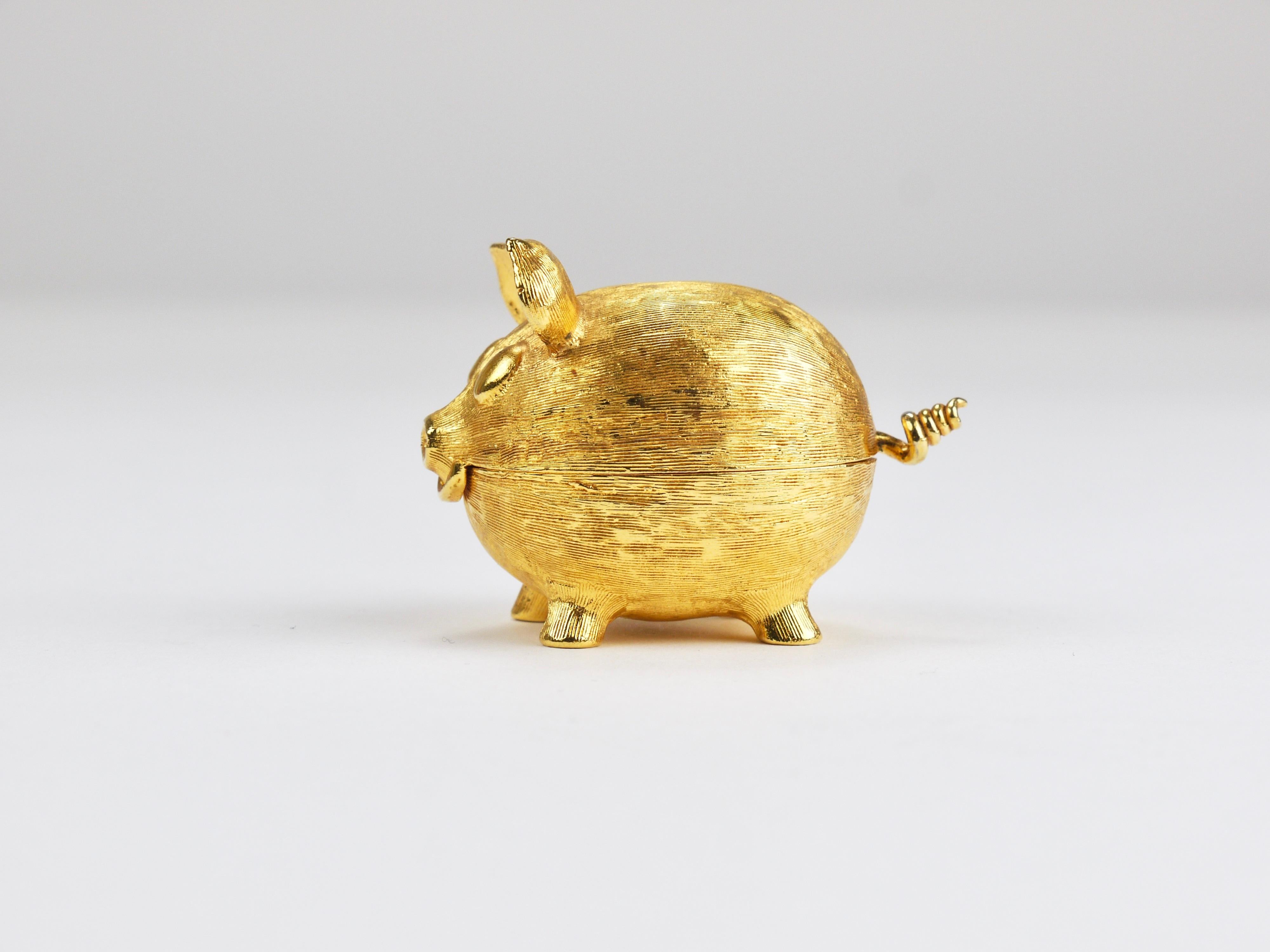 Metal Golden Pig Shaped Salt Cellar Snuff or Pill Box With Curly Tail as Spoon, 1970s For Sale