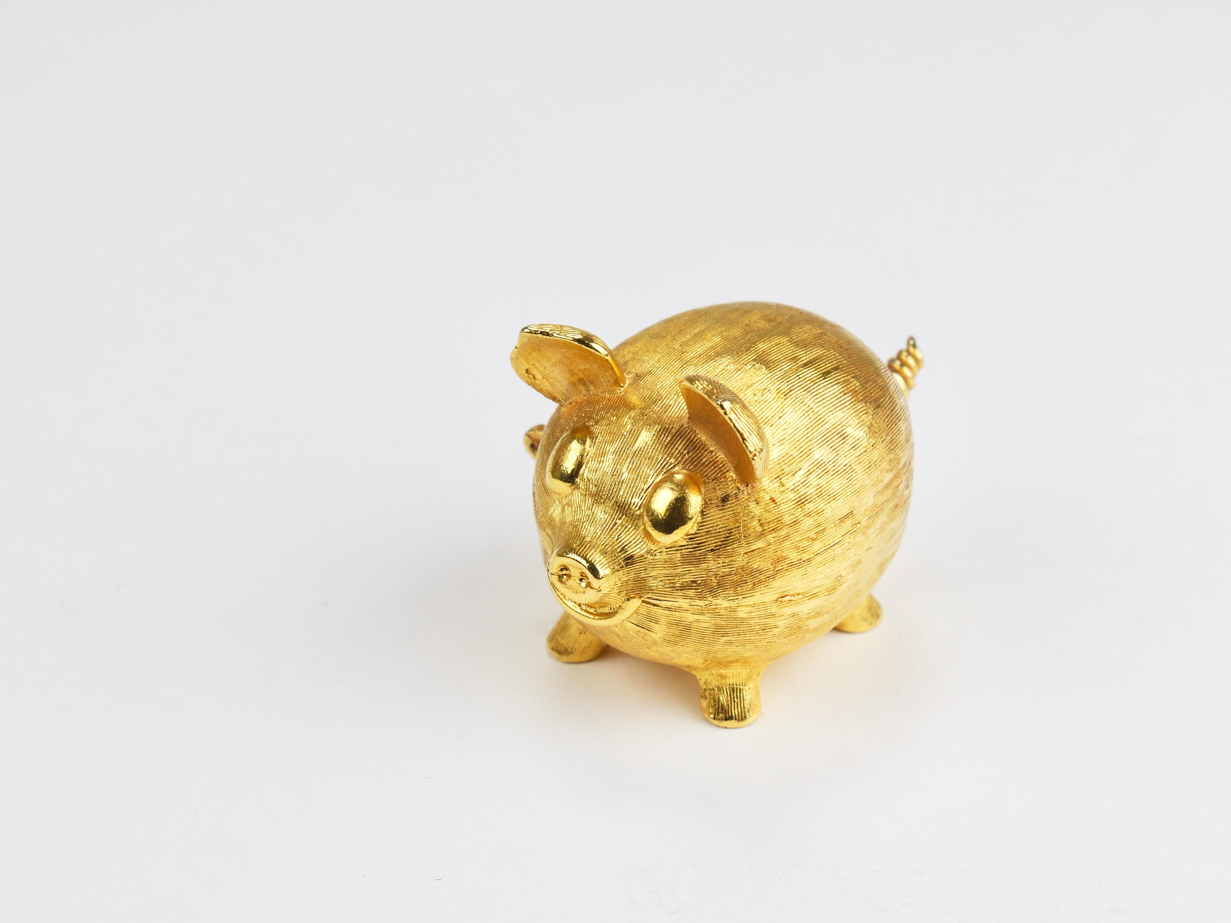 Golden Pig Shaped Salt Cellar Snuff or Pill Box With Curly Tail as Spoon, 1970s For Sale 1