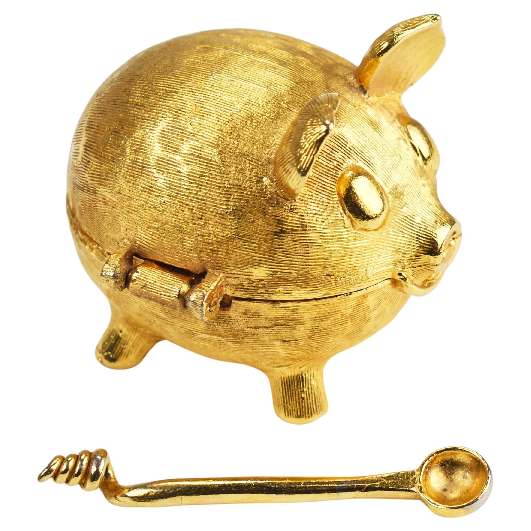 Golden Pig Shaped Salt Cellar Snuff or Pill Box With Curly Tail as Spoon, 1970s For Sale