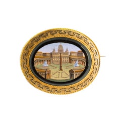 Golden Pinchbeck Brooch with Late 1800s Roman Micromosaic