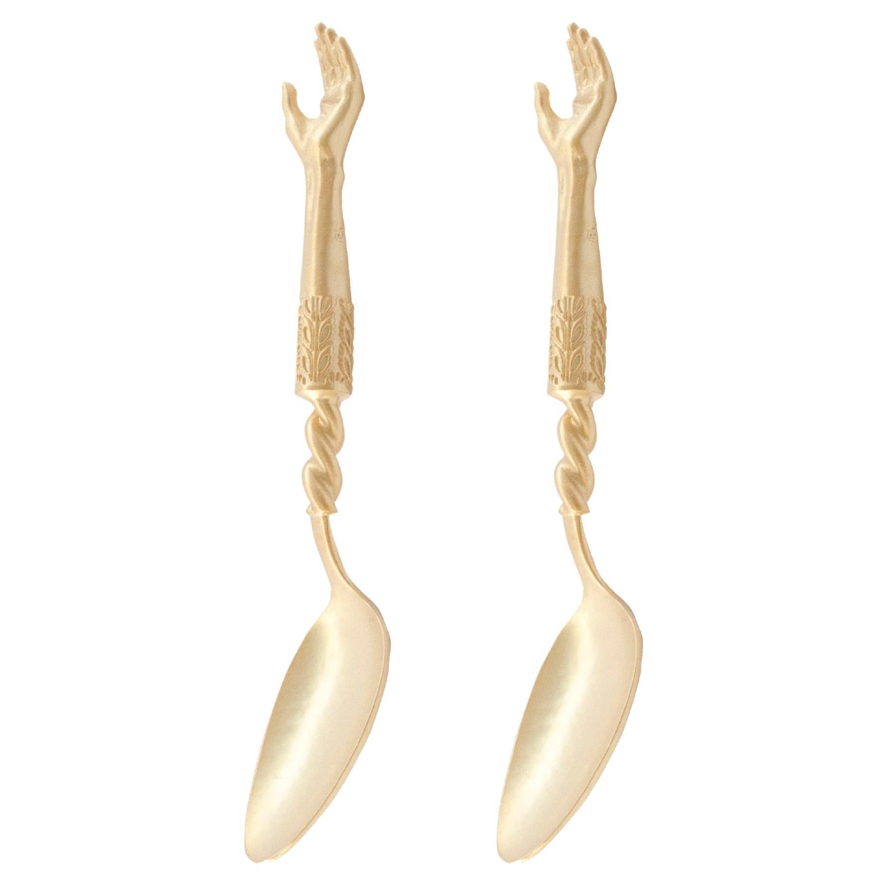 Golden Plated Hand Tea Spoon Set of Two Handcrafted Natalia Criado For Sale