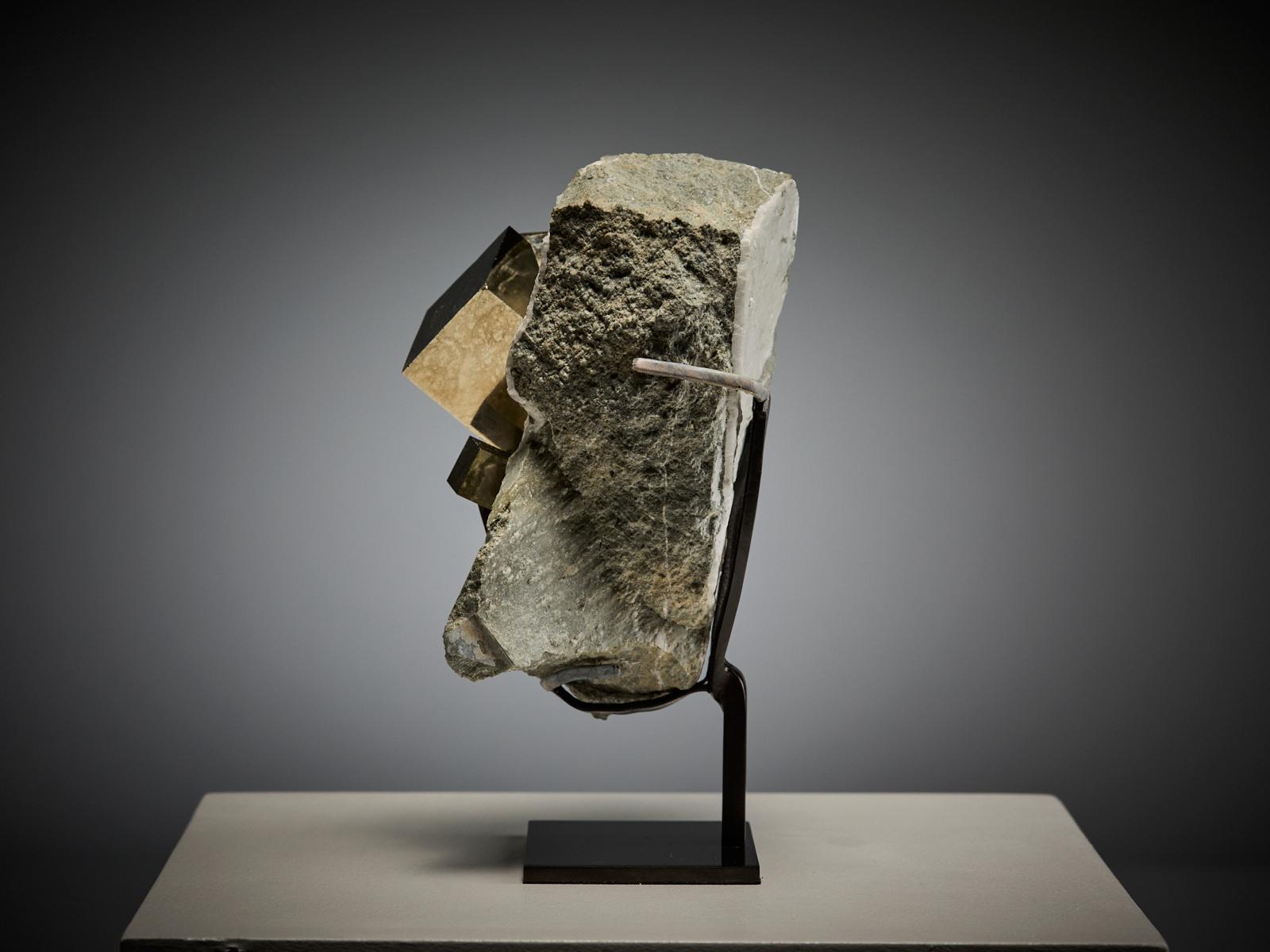 A striking specimen of golden pyrite from the renowned Navajún Mine, La Rioja, Spain, featuring perfectly formed cubes of varying sizes beautifully embedded in their natural limestone matrix. Each crystal displays exceptional sharpness and
