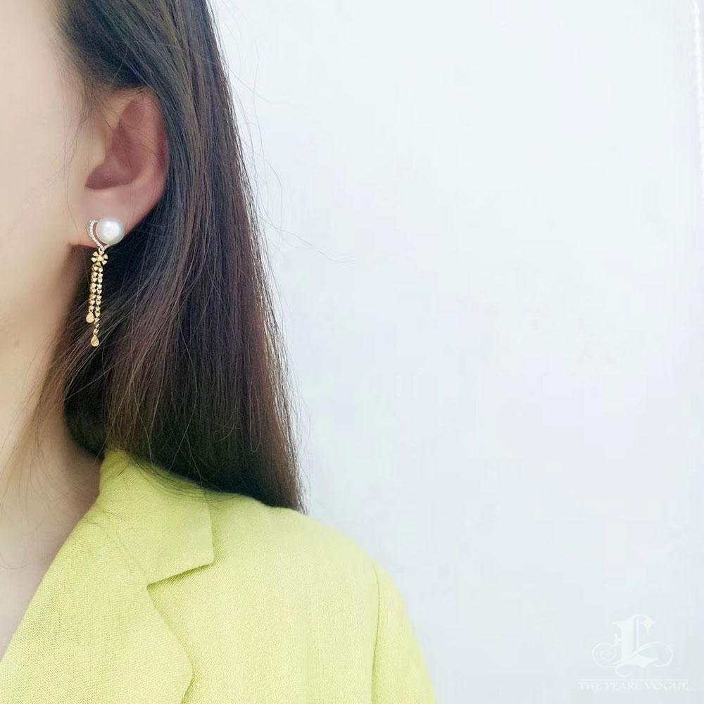 【Crown Radiance】AAAA Pendientes de corriente de perlas del mar del sur en oro de 18 quilates con diamantes Sin cortar en venta