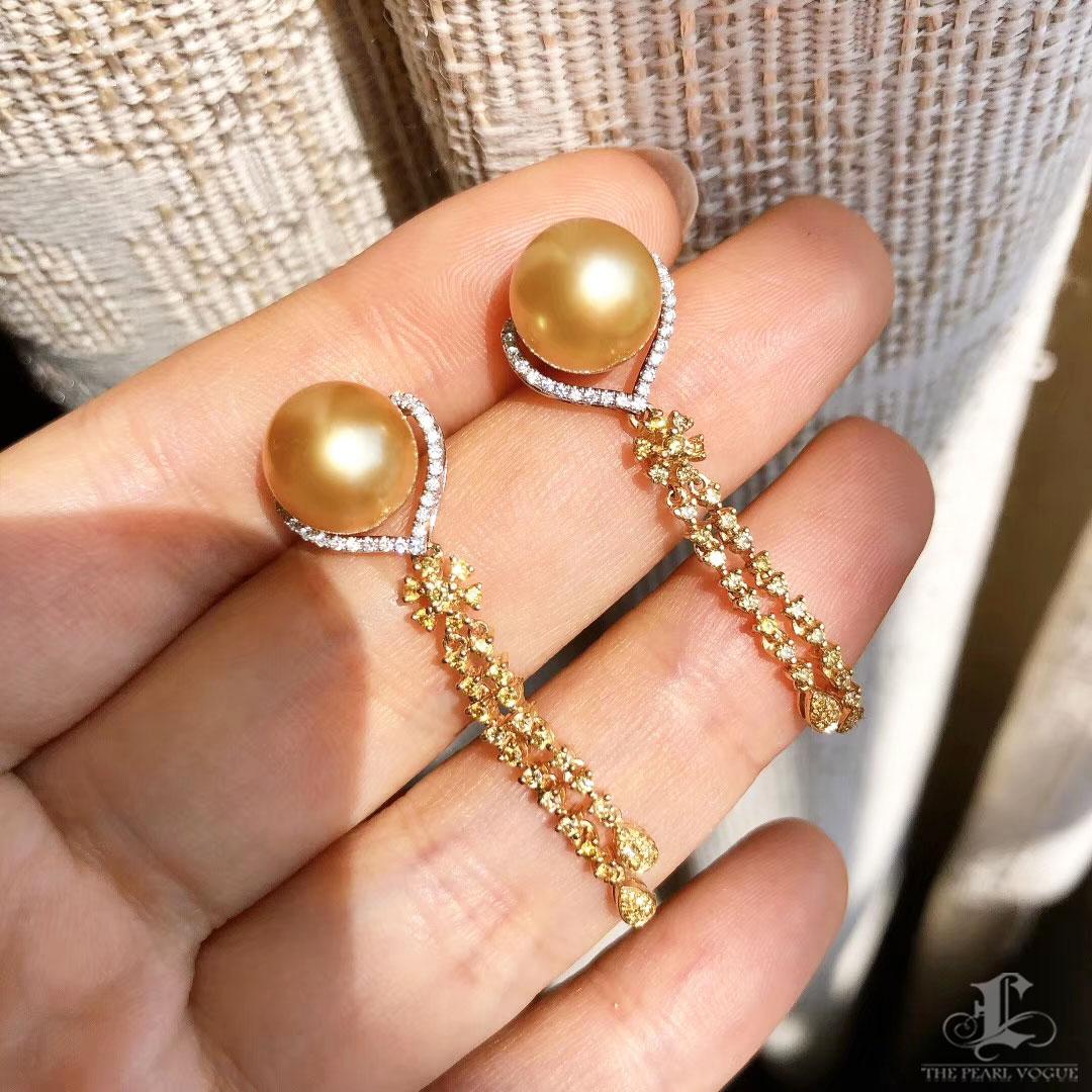 De las mujeres 【Crown Radiance】AAAA Pendientes de corriente de perlas del mar del sur en oro de 18 quilates con diamantes en venta