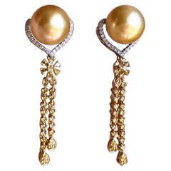【Lustre Arc】AAAA South Sea Pearl Stream Earrings in 18K Gold with Diamonds