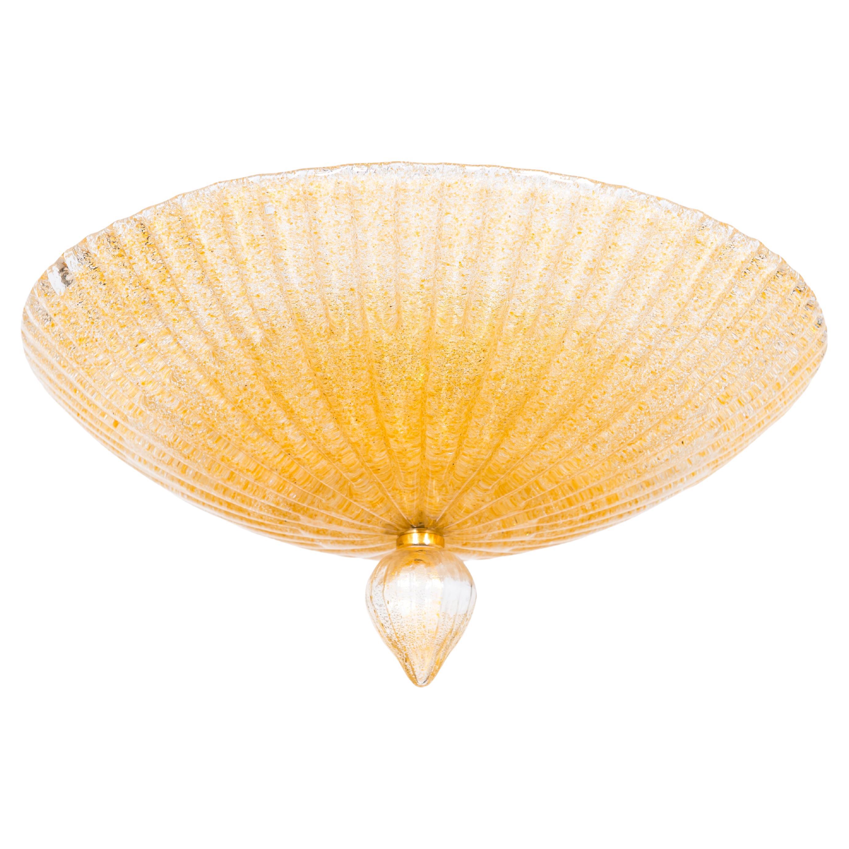 Golden Rays Flush Mount in Sprinkled Amber Blown Murano Glass Venice Italy 1980s