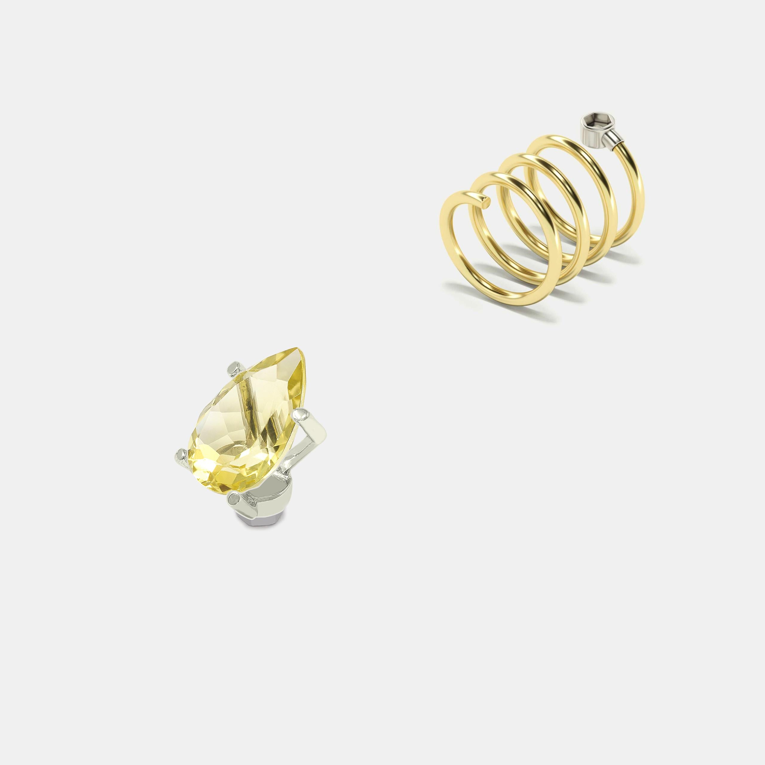 Lemon Quartz, pear cut, White Gold head, 18K
Elastic Spiral Yellow Gold Ring, 18K

ECH JEWELRY, Ode to the Revolution in Fine Jewelry!  
You can add or remove the Lemon Quartz stone from the ring.
This is only possible with a surgical steel