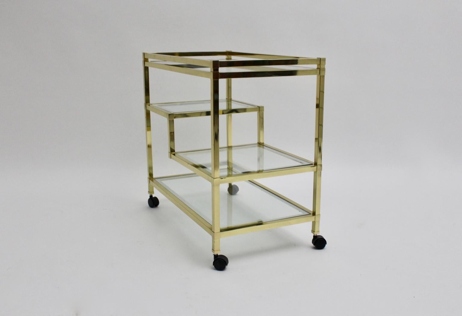 Golden Metal and Glass Vintage Bar Cart in the style of Romeo Rega Italy, 1970s For Sale 8