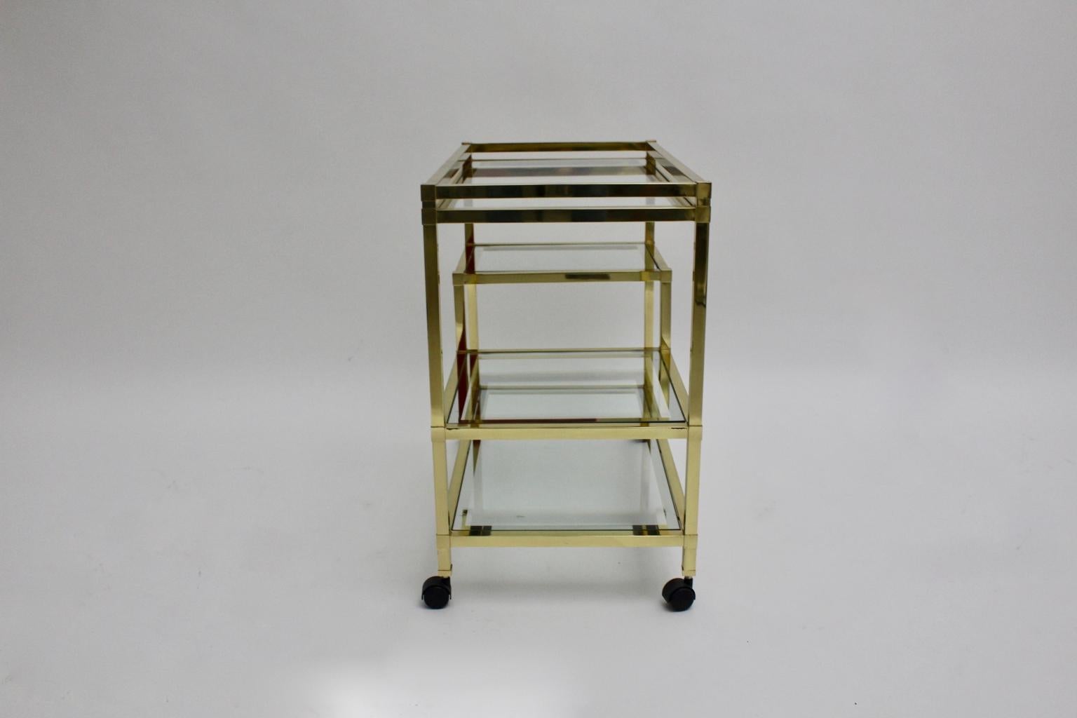 Golden Metal and Glass Vintage Bar Cart in the style of Romeo Rega Italy, 1970s For Sale 1