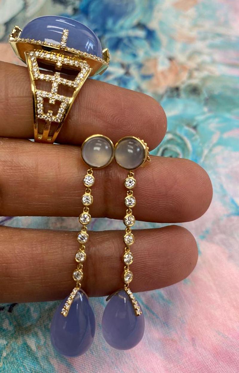 Goshwara Blue Chalcedony Cabochon-Drop And Diamond Earrings 1