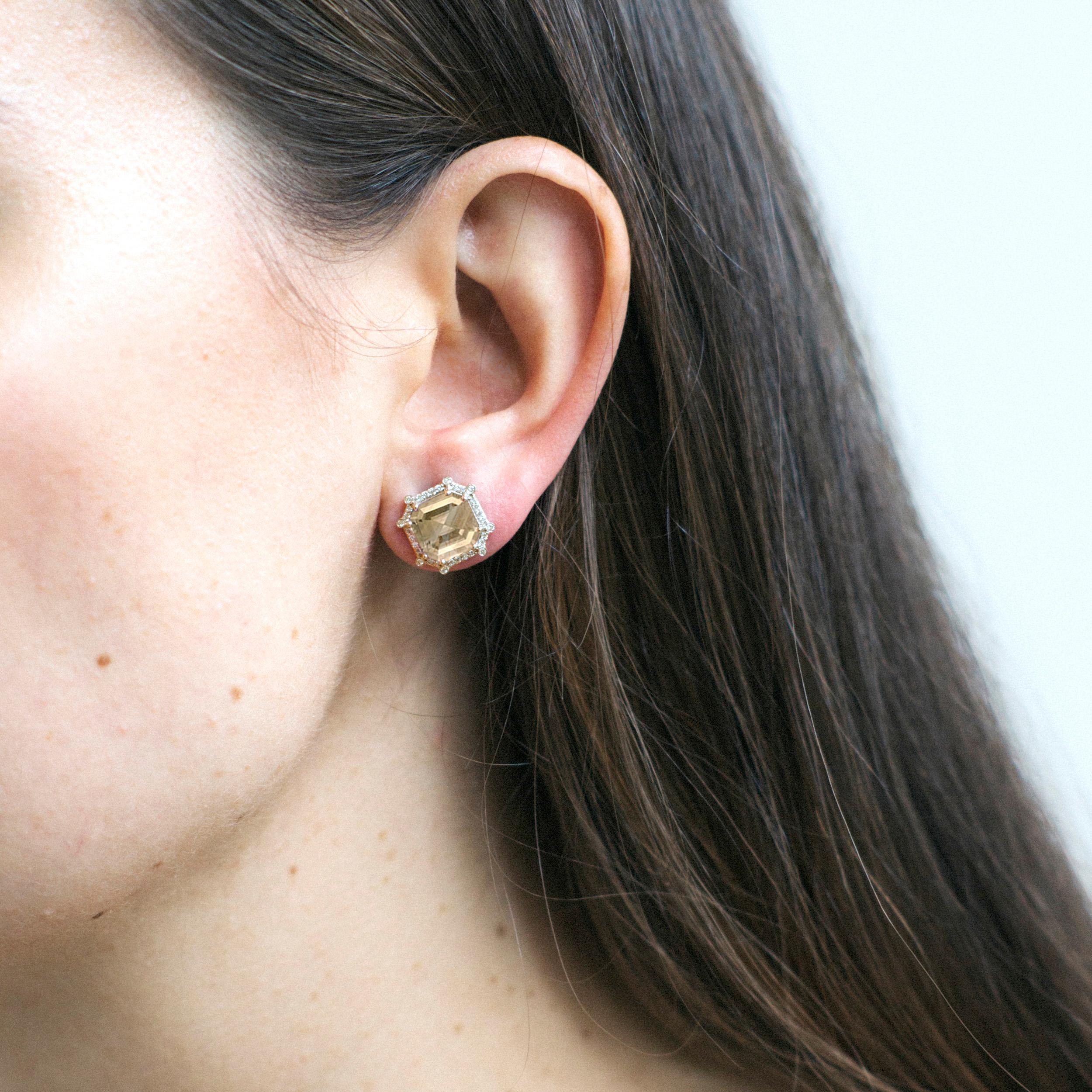 Golden Rutilated & Diamond Octagon Stud Earrings in 18K Yellow Gold, from 'Gossip' Collection. Please allow 5-6 weeks for this item to be delivered. 

Stone Size: 9 x 9 mm

Diamonds: G-H / VS, Approx. Wt: 0.23 Carats 