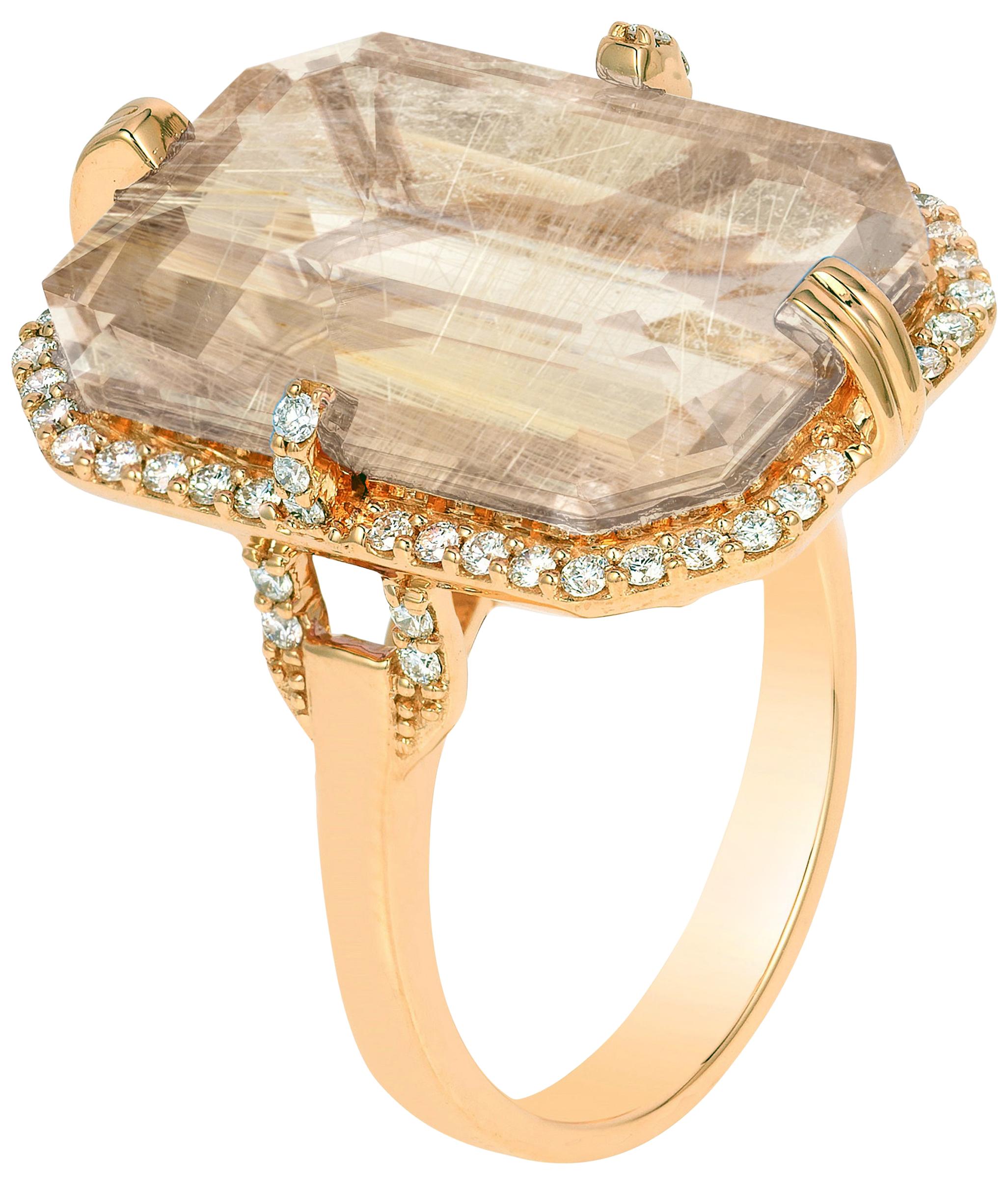 Goshwara Emerald Cut Golden Rutilated And Diamond Ring For Sale
