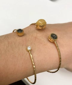 Golden Rutilated Quartz and Rose Cut Black Diamond Raised Bezel Open Oculus Cuff