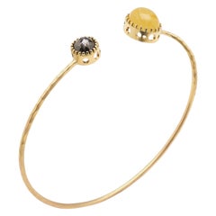 Golden Rutilated Quartz and Rose Cut Black Diamond Raised Bezel Open Oculus Cuff
