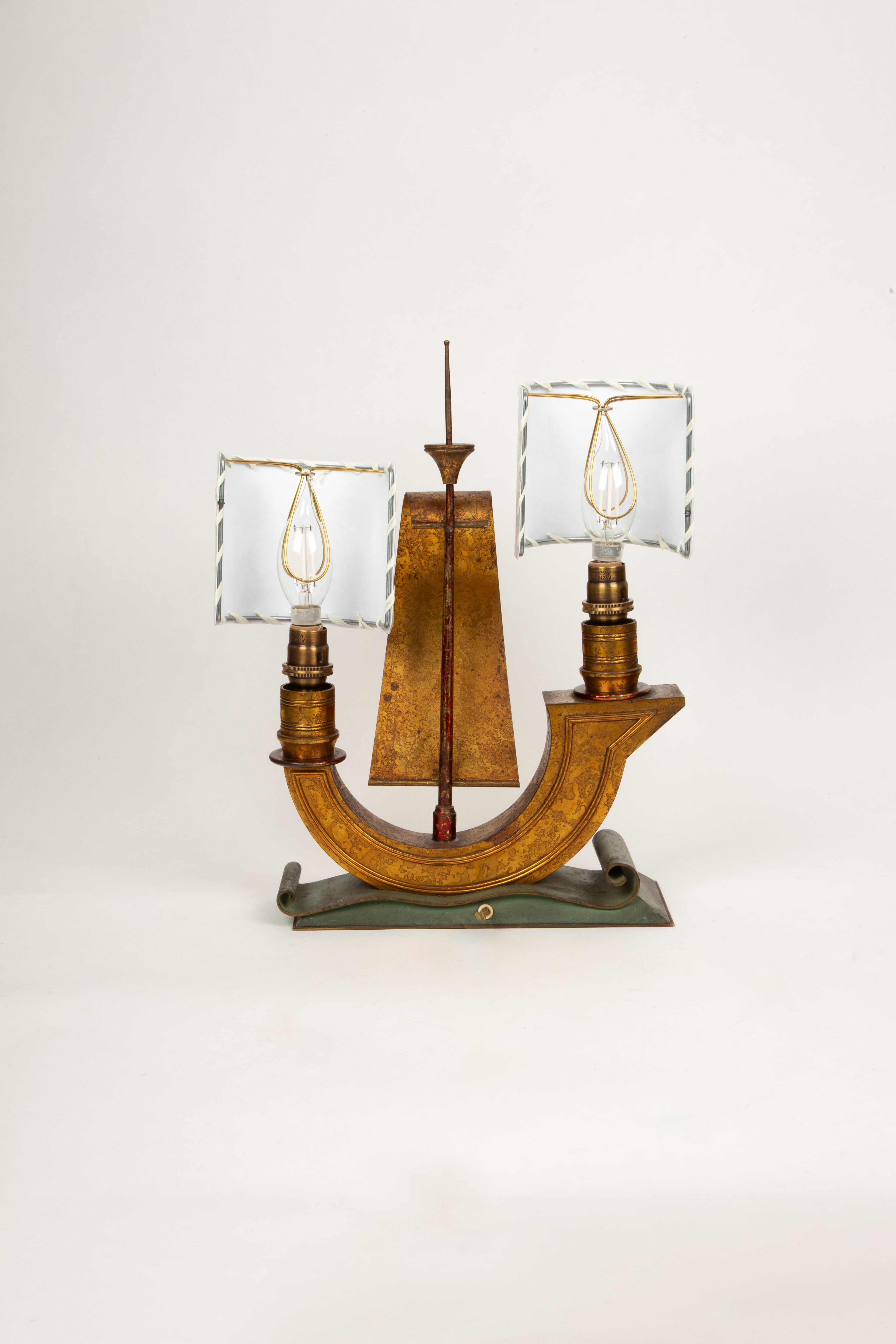 Golden Sails Afloat: Pair of French Art Déco Galleon Ship Lamps, 1940s For Sale 1