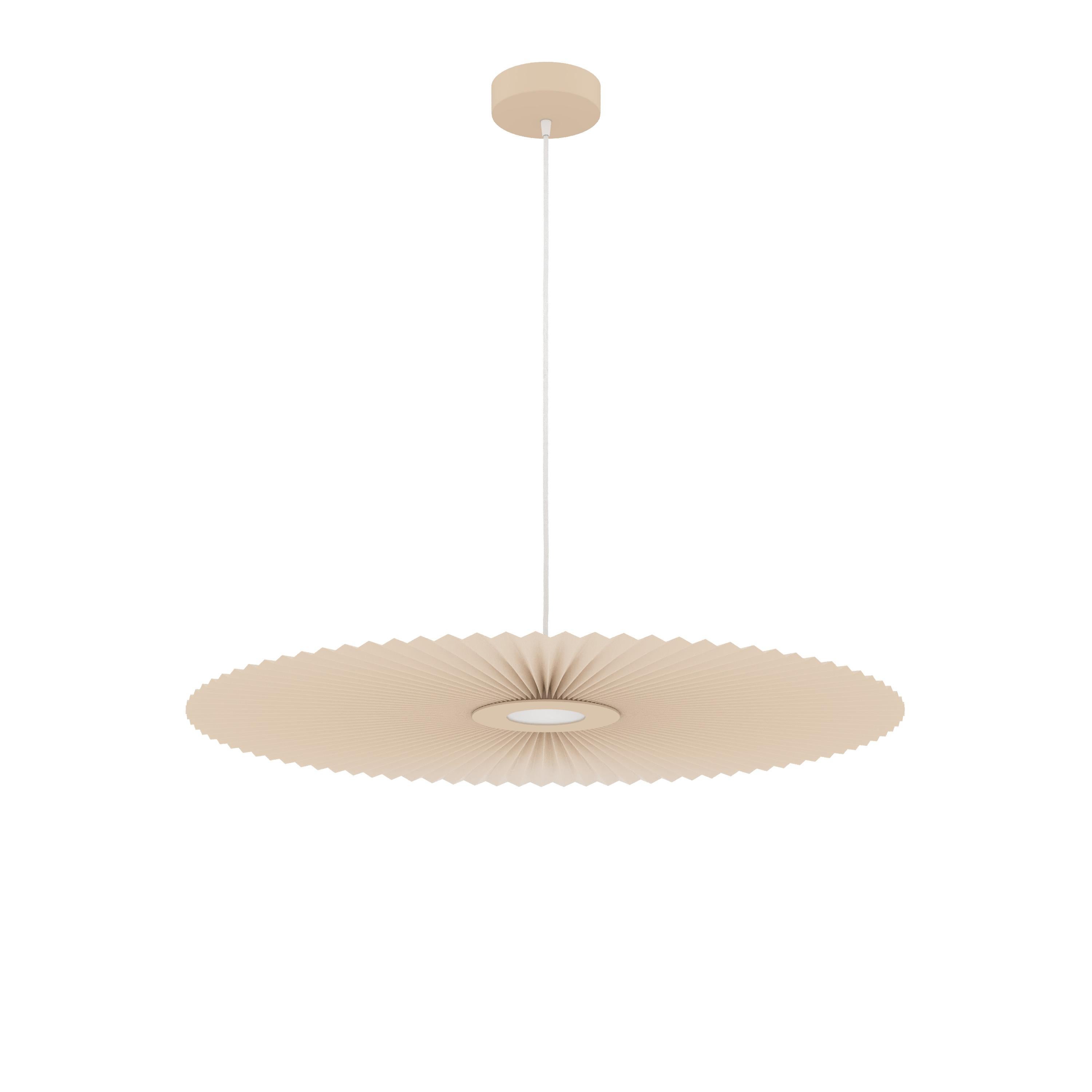 Golden Sand Carmen Pendant Lamp M 90 by HARTO
Dimensions: W 90 x D 3.2 x H 90 cm. 
Materials: Textile laminated on PET: 1 side 100% polyester / 1 side 100% cotton, Painted Metal. 
Weight: 2.2 kg

Carmen is an object of pure beauty. Like a ballet