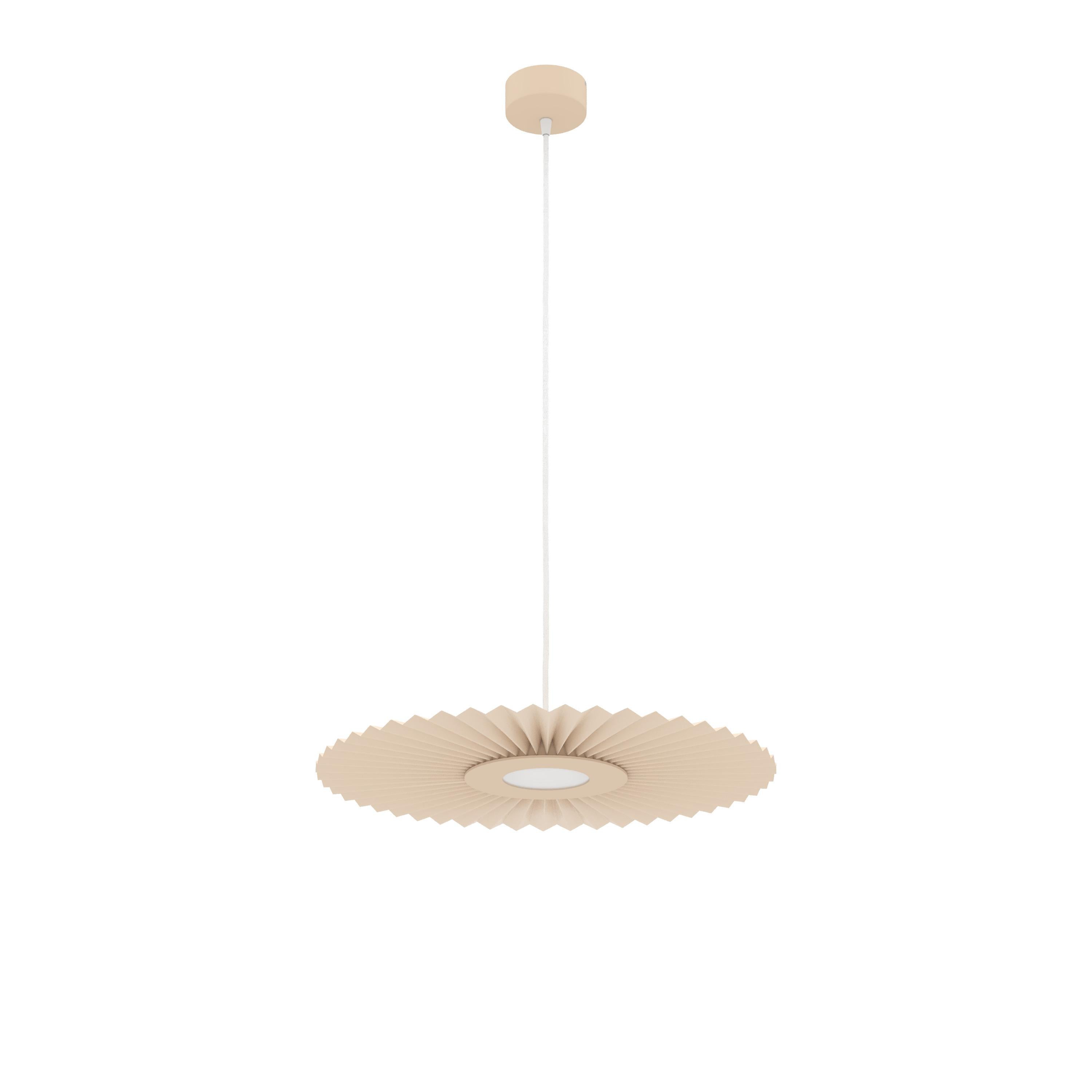 Golden Sand Carmen Pendant Lamp S 50 by HARTO
Dimensions: W 50 x D 3.2 x H 50 cm. 
Materials: Textile laminated on PET: 1 side 100% polyester / 1 side 100% cotton, Painted Metal. 
Weight: 1.2 kg

Carmen is an object of pure beauty. Like a ballet