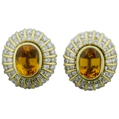 Retro Golden Sapphire and Diamond Clip Earrings in 18 Karat