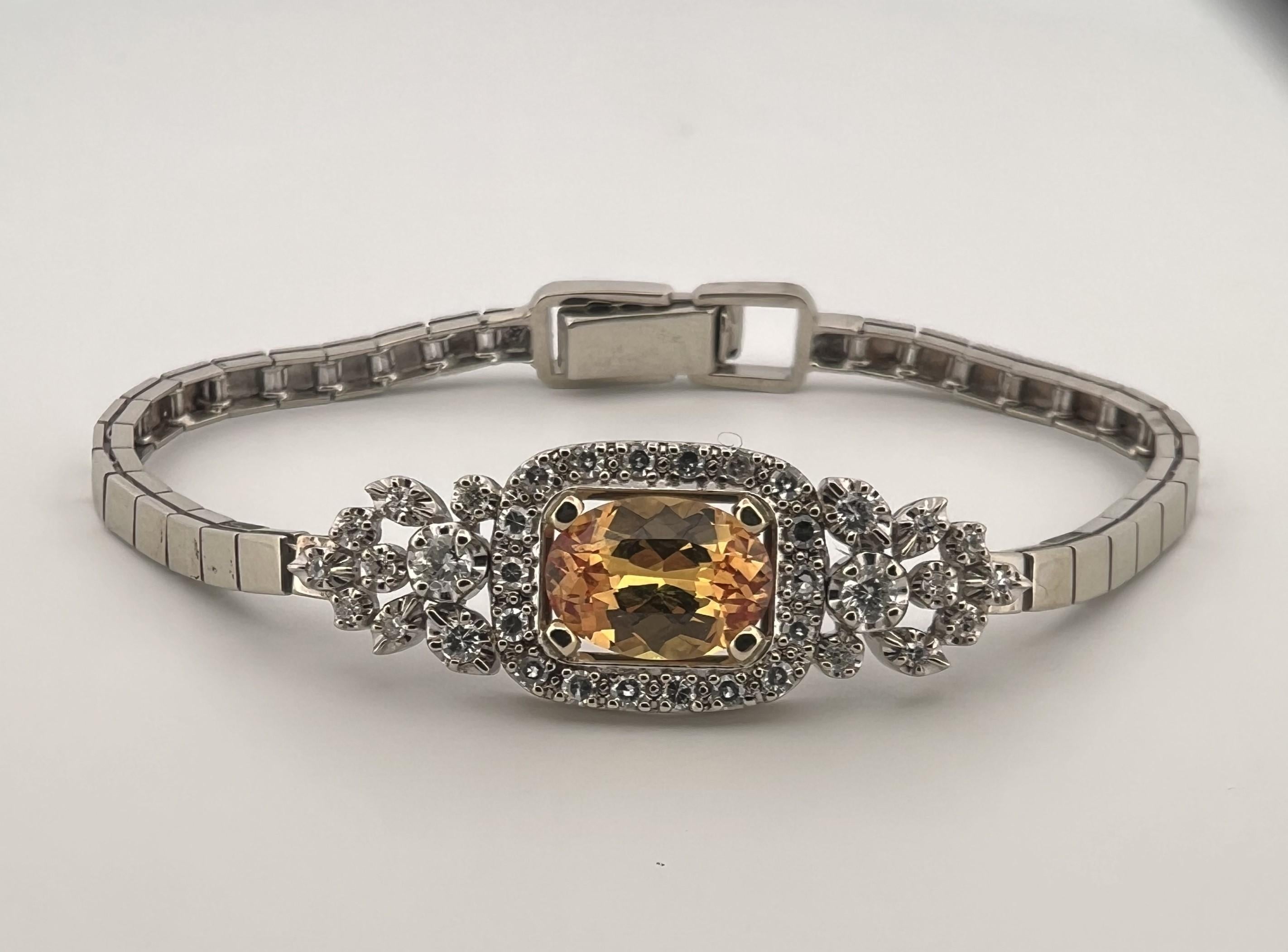 Weißgold-Armband mit goldenem Saphir und Diamant (Ovalschliff) im Angebot
