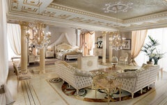 Golden Satin Duchess Sofa in Ivory Laquered Wood and Velvety Cream Capitonné