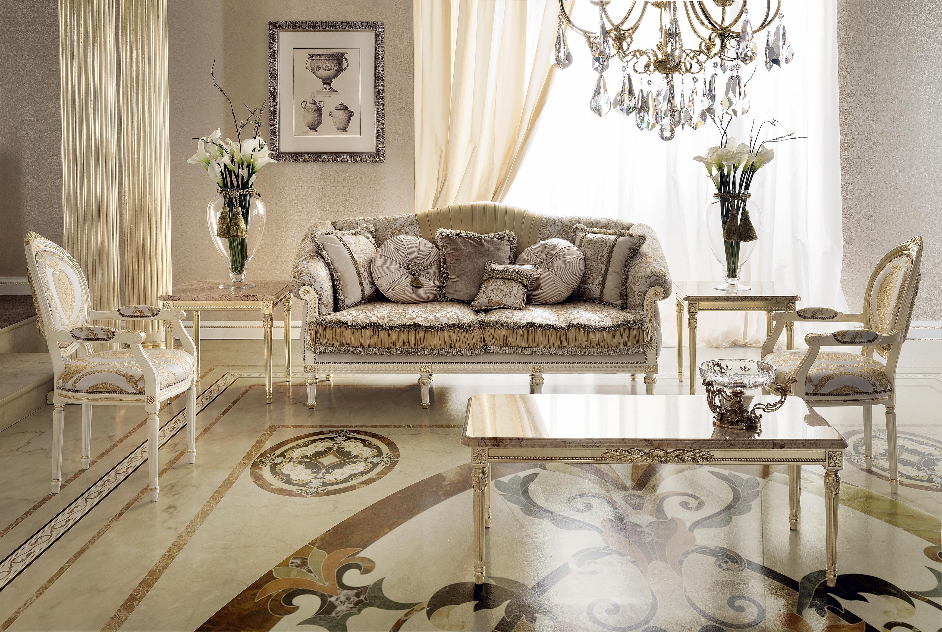 Italian Golden Satin Duchess Sofa in Ivory Laquered Wood and Velvety Cream Capitonné For Sale