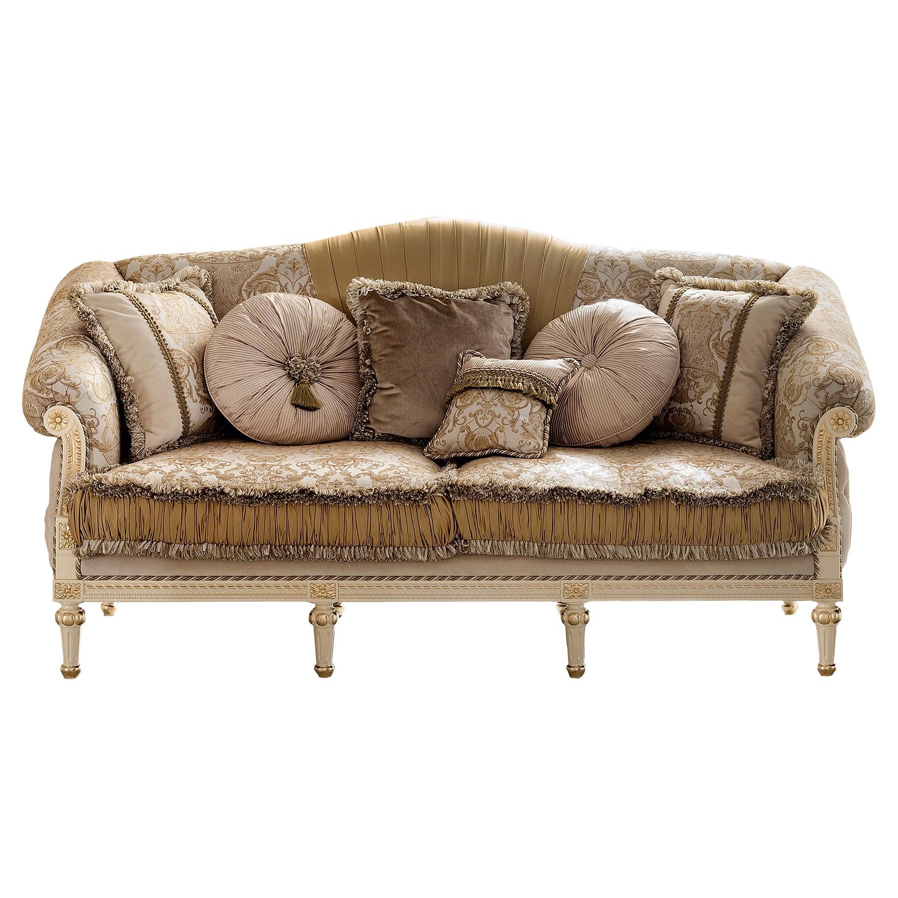 Golden Satin Duchess Sofa in Ivory Laquered Wood and Velvety Cream Capitonné For Sale
