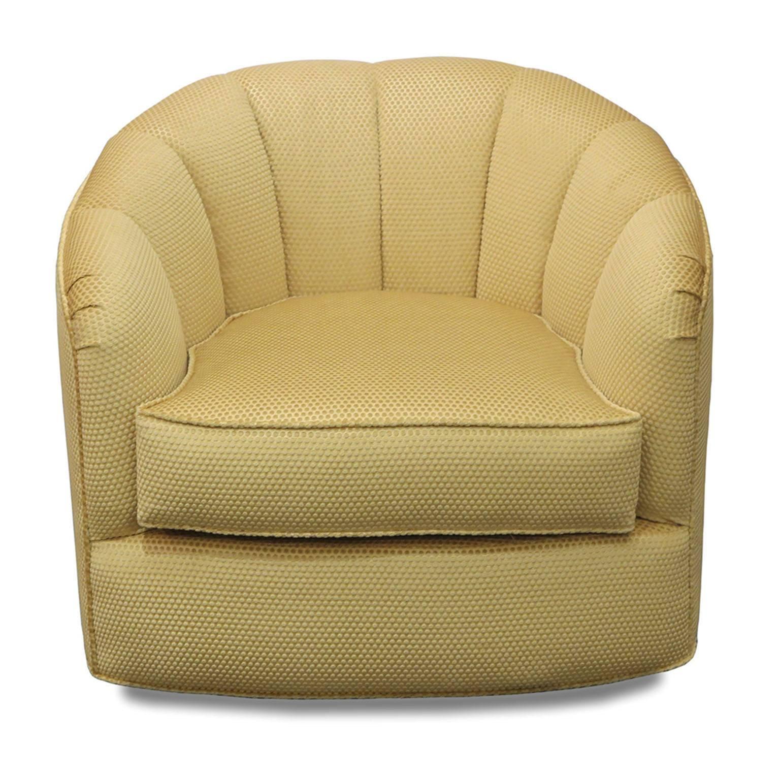 Very comfortable barrel chairs with a swivel base in metal. The chairs have a scalloped back with a seat cushion for highest comfort. The new golden upholstery with raised dots makes these chairs a real eye-catcher.
