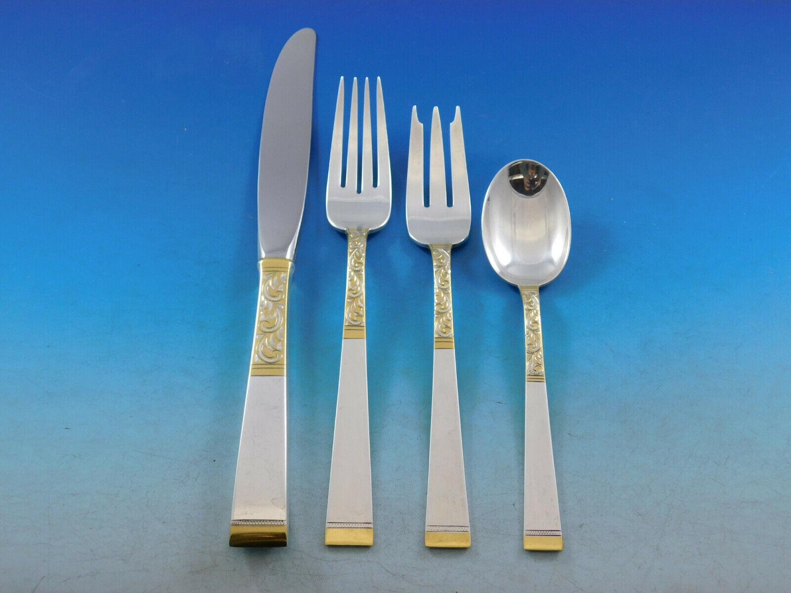 Lovely bright-cut golden scroll by Gorham sterling silver Flatware set, 66 pieces. This set includes:

12 Knives, 9 1/8