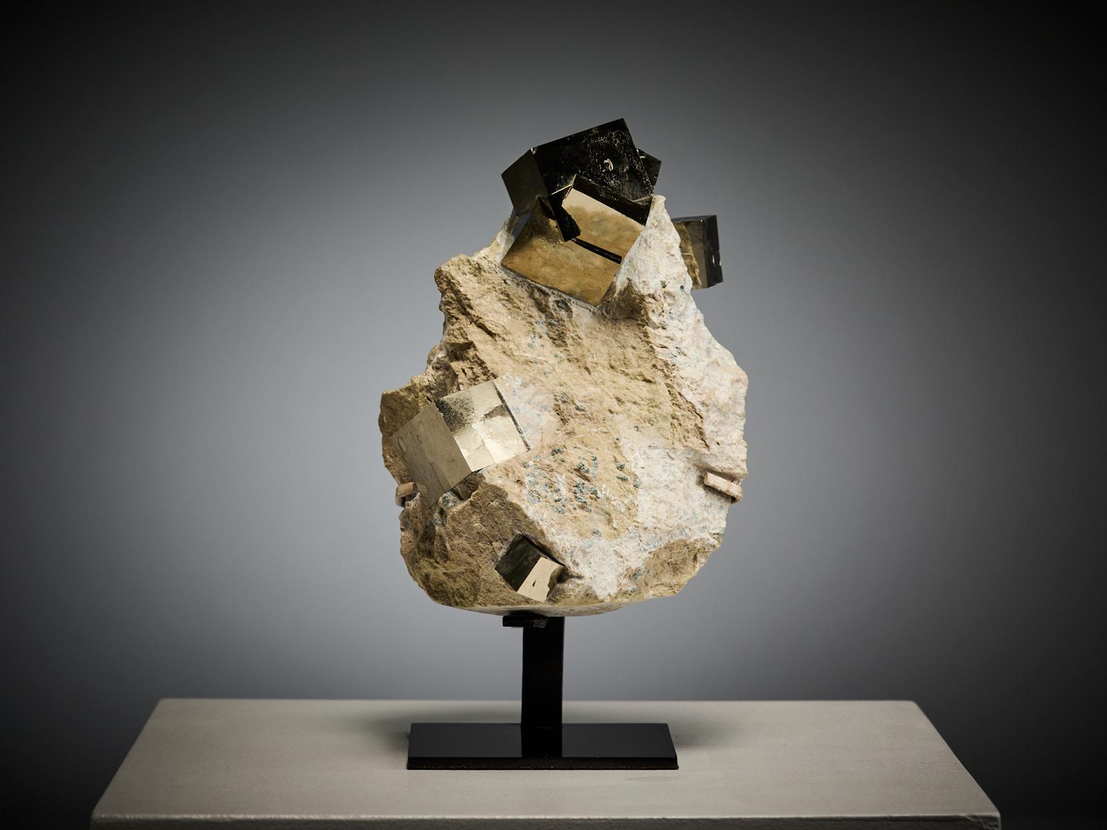 An exceptional specimen of golden pyrite from the famous Navaj�ún Mine, La Rioja, Spain, featuring perfect cubes of different sizes beautifully distributed across the natural limestone matrix. The highlight of the piece is the striking formation at