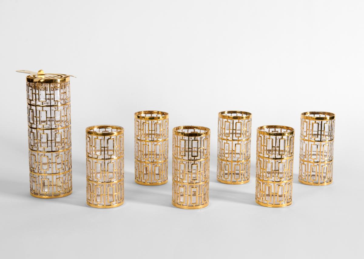 Mid-Century Modern Golden Shoji Gold Latticework Barware, United States, 1960s For Sale
