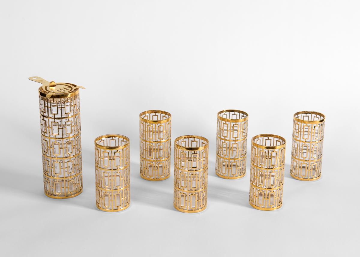 Golden Shoji Gold Latticework Barware, United States, 1960s In Good Condition For Sale In New York, NY