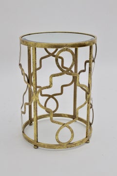 Modern Vintage Sculptural Golden Side Table Column Mirror Glass Top Italy 1980s