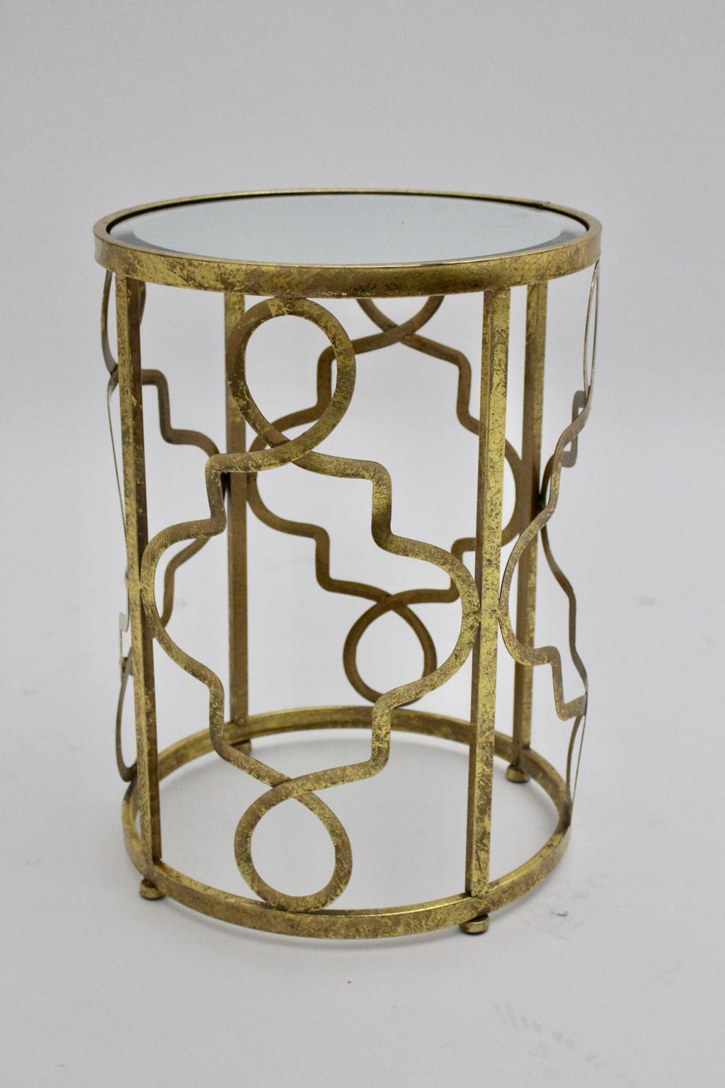 Italian Modern Vintage Sculptural Golden Side Table Column Mirror Glass Top Italy 1980s For Sale