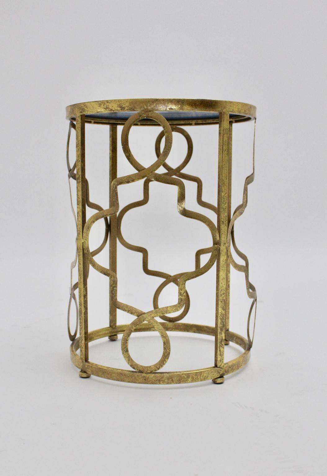 Gilt Modern Vintage Sculptural Golden Side Table Column Mirror Glass Top Italy 1980s For Sale