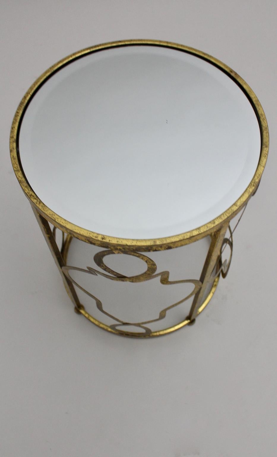 Metal Modern Vintage Sculptural Golden Side Table Column Mirror Glass Top Italy 1980s For Sale