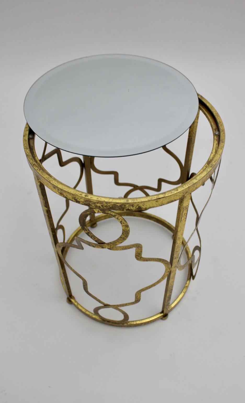 Modern Vintage Sculptural Golden Side Table Column Mirror Glass Top Italy 1980s For Sale 1